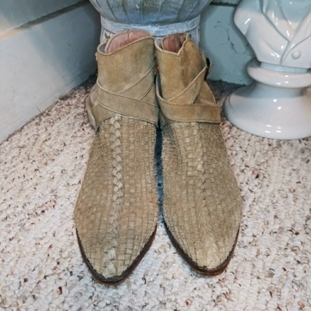 Free People Venture Boho/Western Taupe Woven Distressed Suede Ankle Boots - Picture 3 of 12